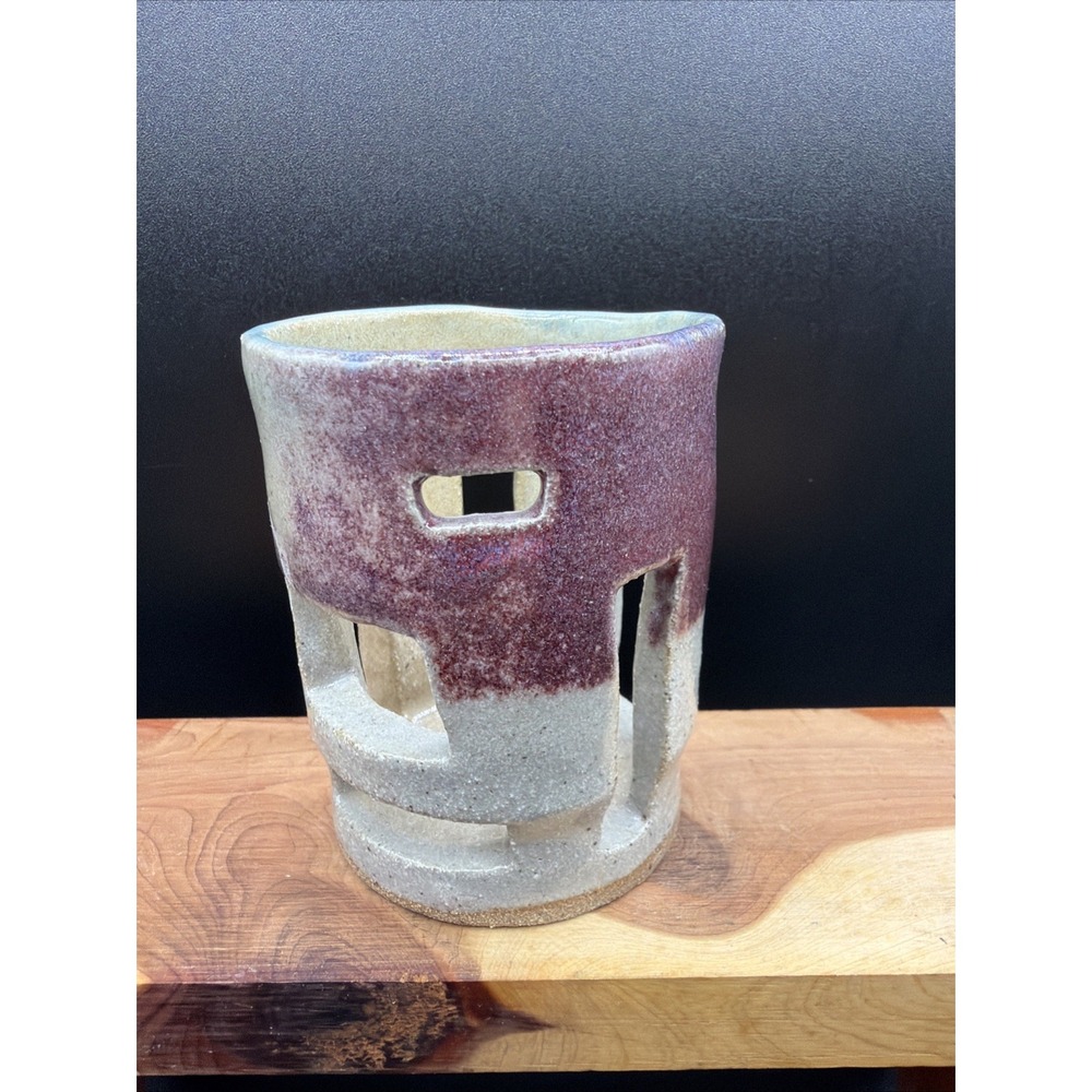 VTG Plum Studio Pottery 3.5" Luminary Votive Candle Holder With Cut Outs Signed